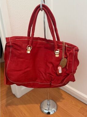 Red Leather Top-Handle Tote with Gold Hardware